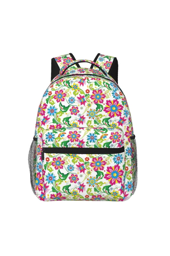 Vector Mexican Otomi Style Bright Pattern Casual Backpack for School, Work, Travel Adjustable Straps, Multiple Compartments Ergonomic Design, Fits Laptops and Tablets