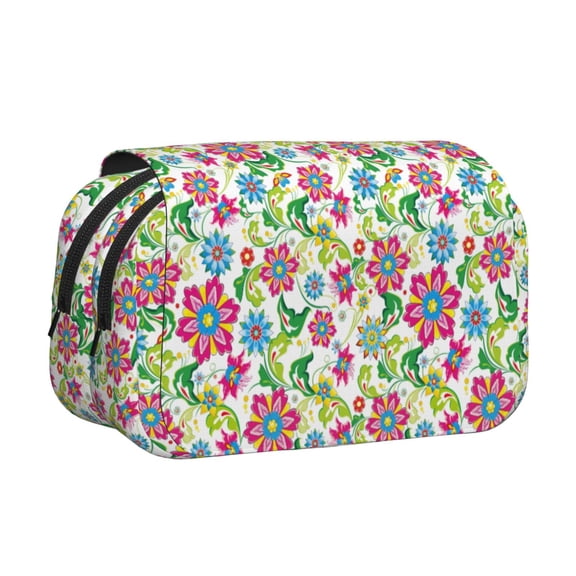 Rateoe Vector Mexican Otomi Style Bright Pattern Double Clamshell Pen Case, Storage Organizer with Two Zipper Compartments– Holds Up to 50 Pencils & Pens