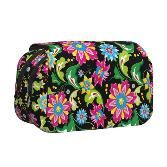 Rateoe Vector Mexican Otomi Style Bright Pattern Double Clamshell Pen Case, Storage Organizer with Two Zipper Compartments– Holds Up to 50 Pencils & Pens