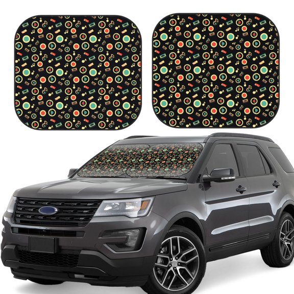 Rateoe Vector Retro Music Pattern 2 Piece Car Windshield Sun Shade Foldable | Front Windshield Shade for Sun, Heat and UV Rays | Sunshade for Car Front Window-Medium