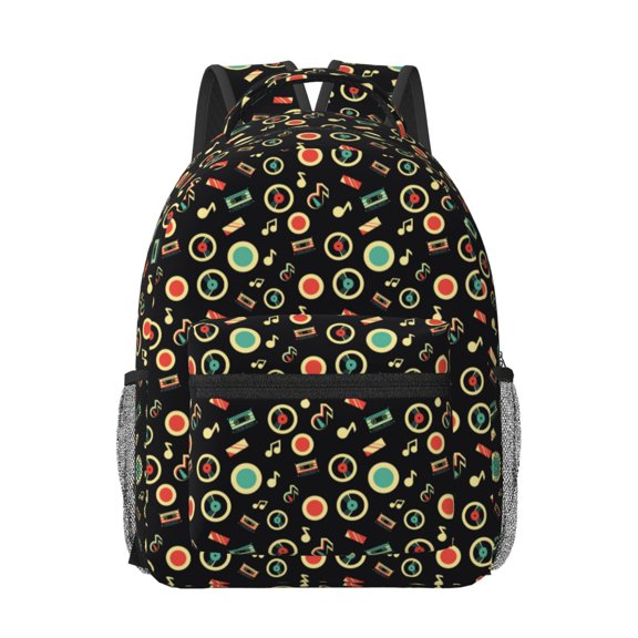 Rateoe Vector Retro Music Pattern Durable Student Backpack Laptop Bag- Ergonomic Design, Waterproof Twill Fabric - Ideal for School, Travel, and Outdoor Activities