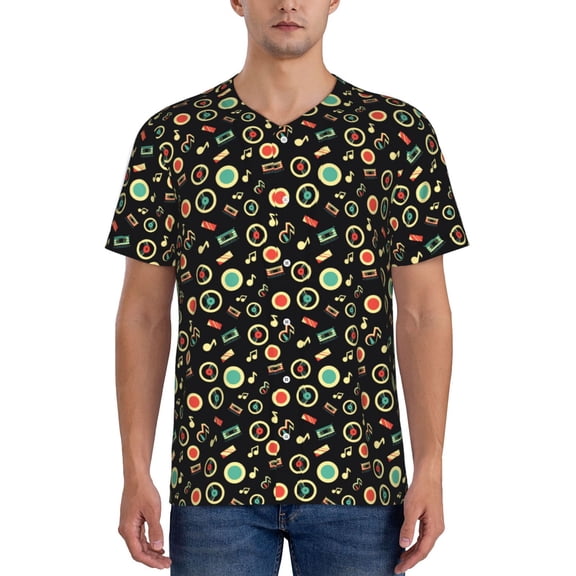 Rateoe Vector Retro Music Pattern Men’s Baseball Short Sleeve Polo Shirt, Midweight Men's Shirt Golf Shirt Polo Shirts Quick Dry Short-3X-Large