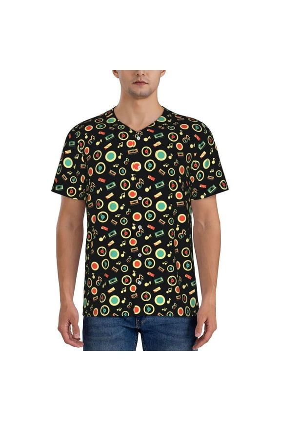 Vector Retro Music Pattern Men’s Baseball Short Sleeve Polo Shirt, Midweight Men's Shirt Golf Shirt Polo Shirts Quick Dry Short-4X-Large