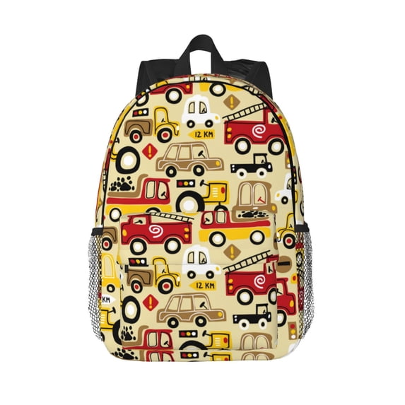 Rateoe Vehicles Pattern Student Backpack Water-resistant Backpack 15-inch Laptop Backpack Lightweight Adjustable School Backpack