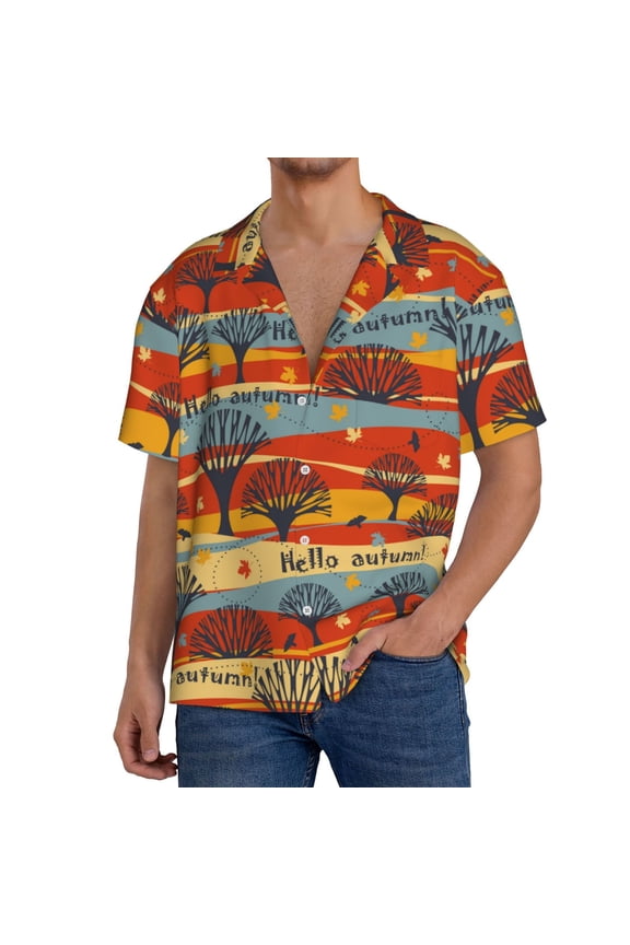 Vibrant Autumn Forest Hues Print Mens Front Pocket Hawaiian Shirts Casual Shirts Short Sleeve Button Down Beach Tropical Shirts-Medium