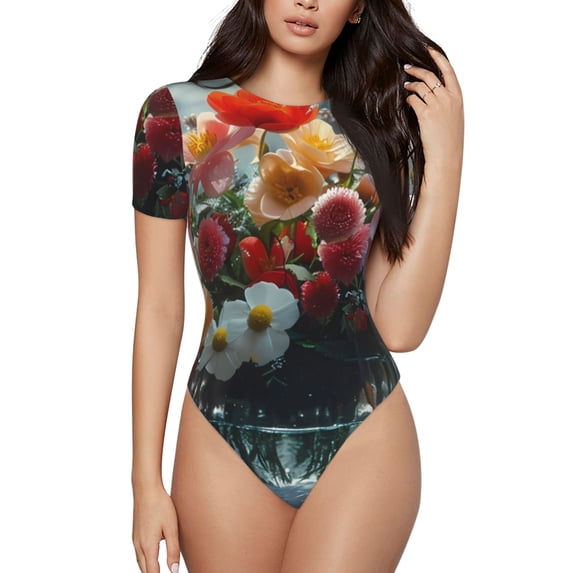 Rateoe Vibrant Bouquet Waterfall Printed Women Rash Guard Short Sleeve,Tummy control Swimsuit Surfing Swimsuit Bathing Suit Short-sleeved Onesie UPF 50+ -X-Large