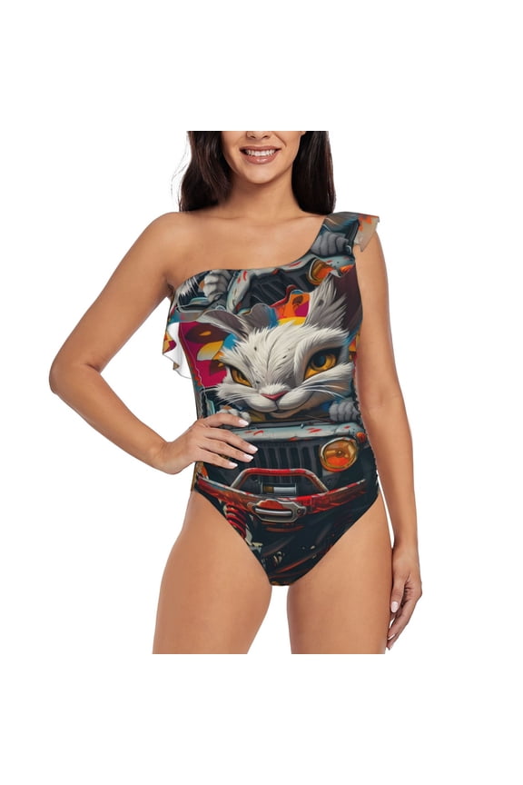Vibrant Bunny Ride Pattern Women One Piece Swimsuits Tummy Control One Shoulder Bathing Suits Ruffle Swimwear-