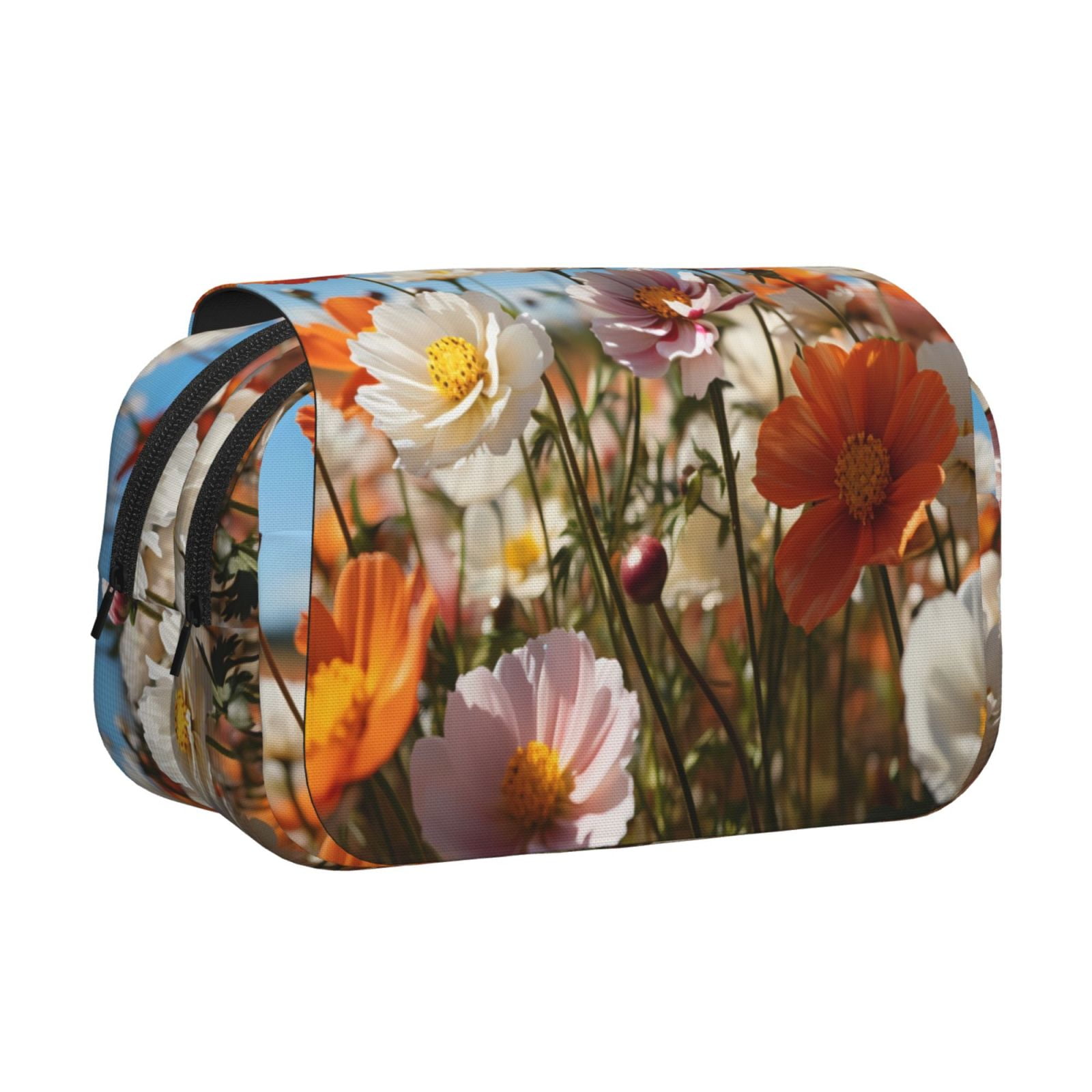 Rateoe Vibrant Field Of Blossoms Pattern Double Clamshell Pen Case, Storage Organizer with Two Zipper Compartments– Holds Up to 50 Pencils & Pens