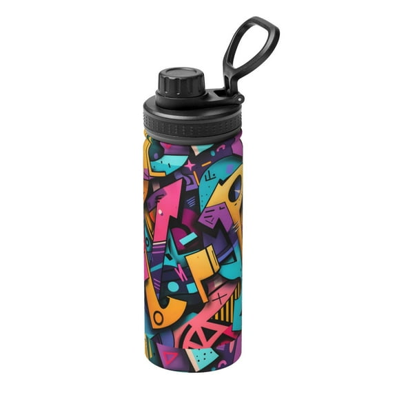 Rateoe Vibrant Graffiti Urban Art Printed 18oz Sports Insulated Water Bottle, Double-Wall Stainless Steel Kettle with Leak-Proof Cap and Carry Loop, BPA-Free for Outdoor, Gym, Camping, and Travel