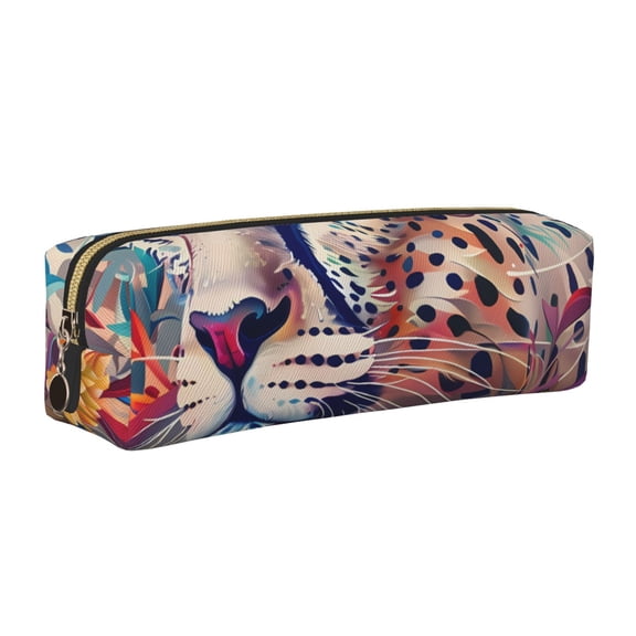 Rateoe Vibrant Leopard In Flowers Print Leather Pencil Case with Smooth Zipper, Compact Storage for Writing Tools & Art Supplies, 8.26" x 1.96" x 2.16"