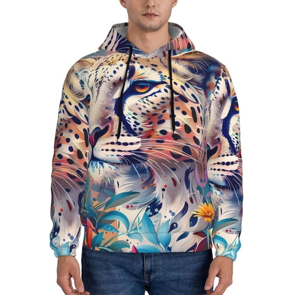 Rateoe Vibrant Leopard In Flowers Pattern Mens Hoodie, Pullover Hooded Sweatshirt, Kangaroo Pocket Hoodie Ideal for Daily Wear, Travel and Home-Medium