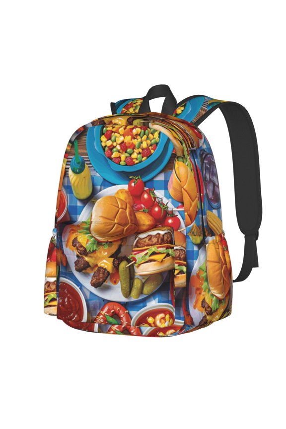 Vibrant Picnic Food Spread Pattern Student Backpack,Backpack for School,Lightweight Bag,Travel Backpack,Outdoor Backpack,Large Capacity Backpack