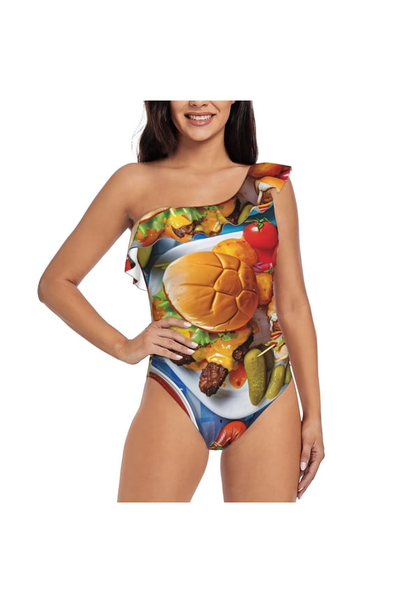 Vibrant Picnic Food Spread Pattern Women One Piece Swimsuits Tummy Control One Shoulder Bathing Suits Ruffle Swimwear-