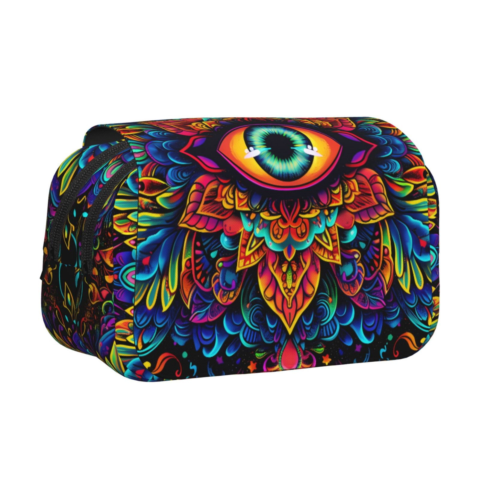 Rateoe Vibrant Psychedelic Eye Pattern Double Clamshell Pen Case, Storage Organizer with Two Zipper Compartments– Holds Up to 50 Pencils & Pens