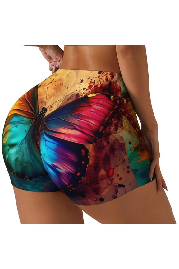 Vibrant Rainbow Butterfly A Printed Power Workout Shorts for Women Tummy Control Squat Proof Ribbed Thick Seamless Scrunch Active Short-Medium