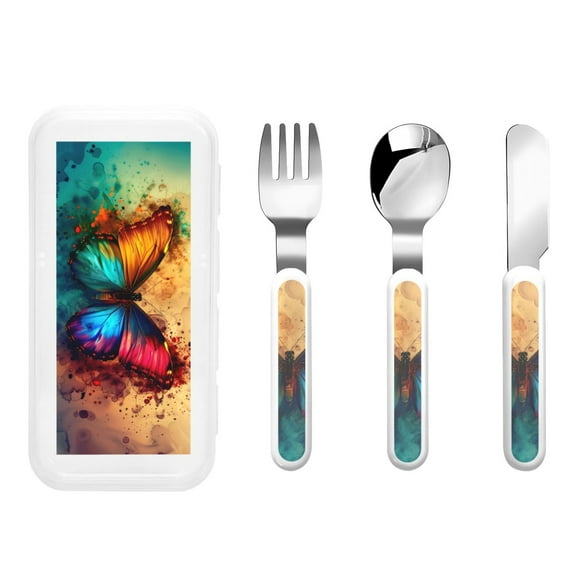 Rateoe Vibrant Rainbow Butterfly A for Stainless Steel Kids Silverware Set - Child and Toddler Safe Flatware - Children's Knife, Fork And Spoon Set