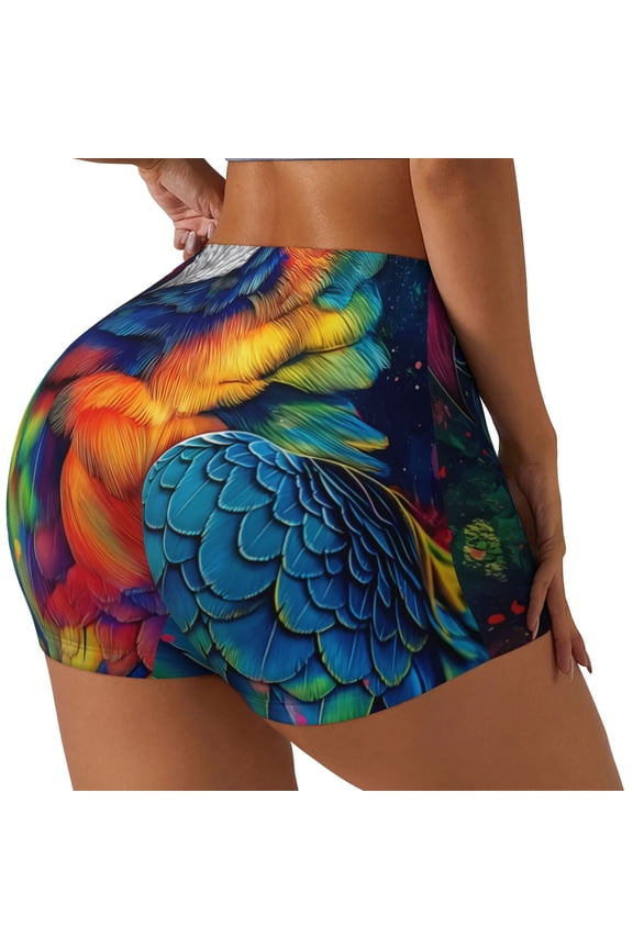 Vibrant Rainbow Parrot Fantasy Printed Power Workout Shorts for Women Tummy Control Squat Proof Ribbed Thick Seamless Scrunch Active Short-Medium