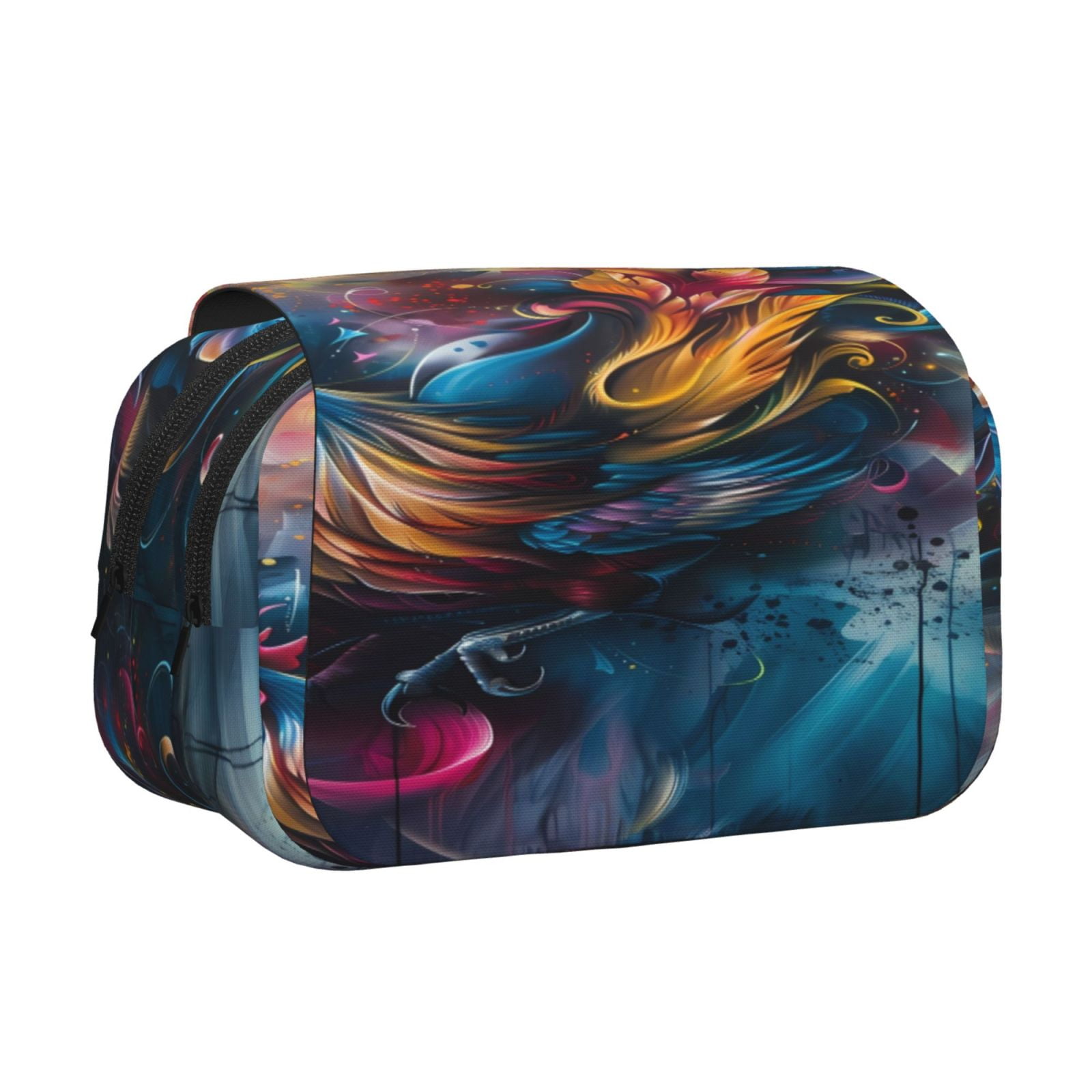Rateoe Vibrant Rooster Painting Pattern Double Clamshell Pen Case, Storage Organizer with Two Zipper Compartments– Holds Up to 50 Pencils & Pens