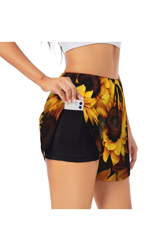 Vibrant Sunflower Blooms Printed 2 in 1 Women's Workout Shorts for Athletic Gym Running Shorts with Phone Pockets-XX-Large