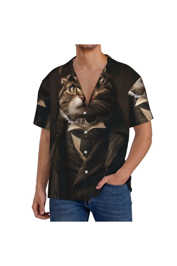 Victorian Gentle Cat Print Mens Front Pocket Hawaiian Shirts Casual Shirts Short Sleeve Button Down Beach Tropical Shirts-Small