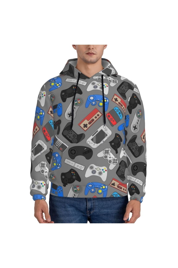Video Game Pattern Mens Hoodie, Pullover Hooded Sweatshirt, Kangaroo Pocket Hoodie Ideal for Daily Wear, Travel and Home-Large