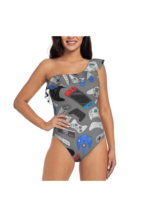 Video Game Pattern Women One Piece Swimsuits Tummy Control One Shoulder Bathing Suits Ruffle Swimwear-Small