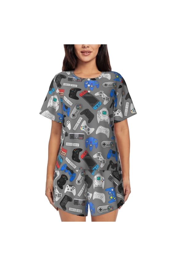 Video Game Pattern Women's Short-Sleeved Pajama Set - 2 Piece Soft and Lightweight Sleepwear Set-Medium