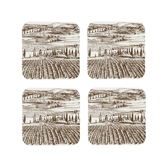 Rateoe Vineyard Landscape 1 Drawing Drink Coasters Set of 4 Leather Coasters Spill Protection for Table Desk,Durable and Non Slip Leather Coaster ,4 Inches Drink Mats-Square