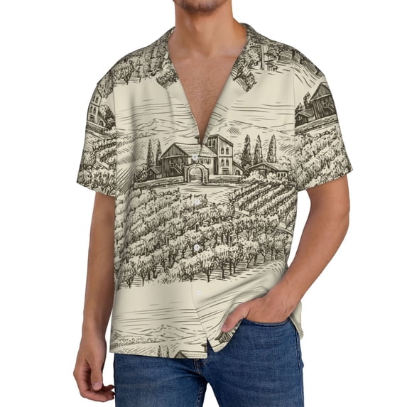Rateoe Vineyard Landscape Pattern Men's Short Sleeve Classic Shirt, Casual Short-Sleeved Shirt, Lightweight Summer Shirt, Cuban Collar Shirt,Button-Front Shirt-XX-Large