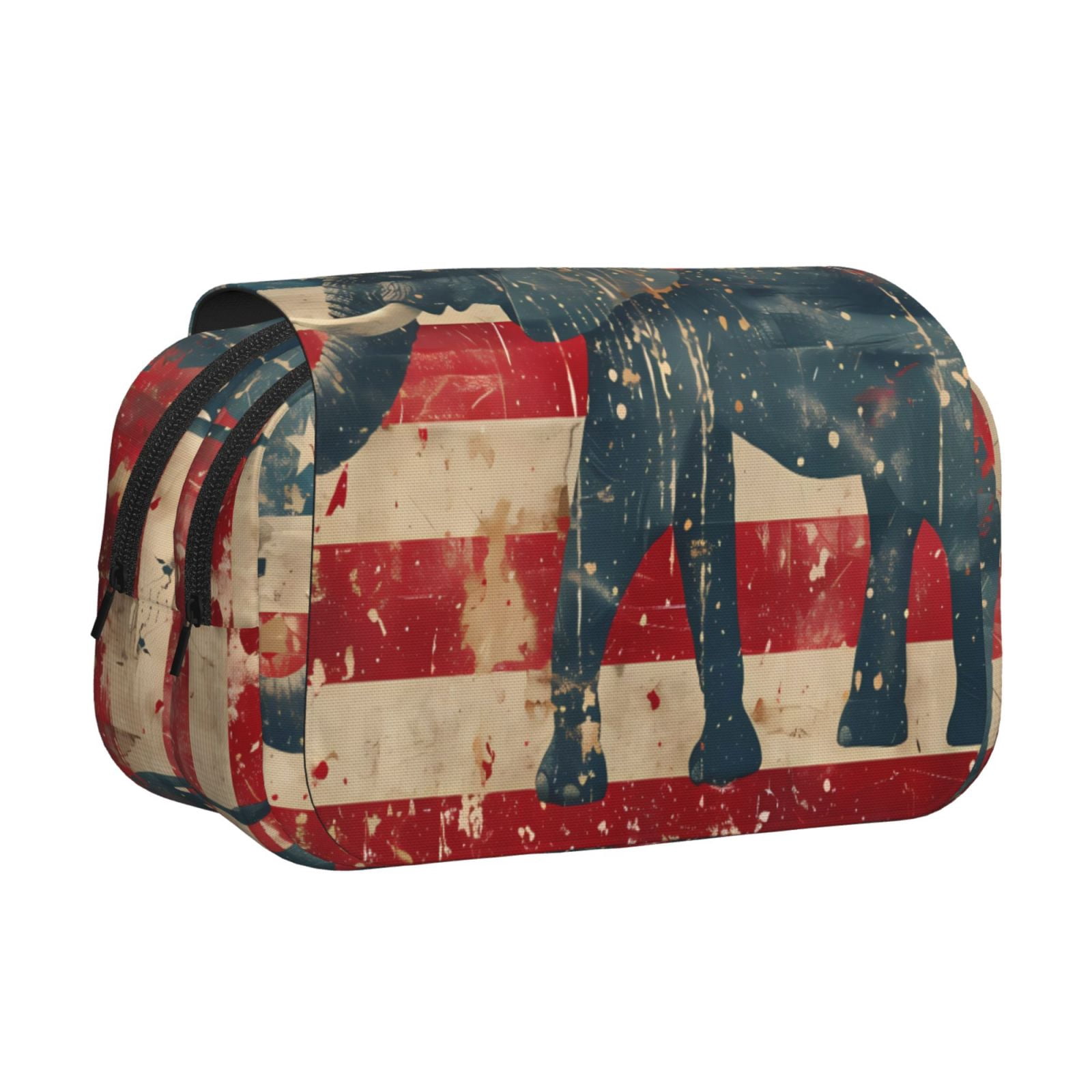 Rateoe Vintage American Flag Elephant Pattern Double Clamshell Pen Case, Storage Organizer with Two Zipper Compartments– Holds Up to 50 Pencils & Pens