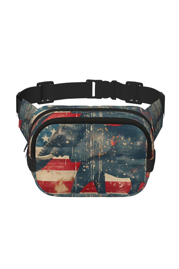 Vintage American Flag Elephant Print Fanny Pack Belt Bag for Women and Men, Square Double-Layer Waterproof Waist Pack with Adjustable Strap for Hiking, Jogging, Cycling