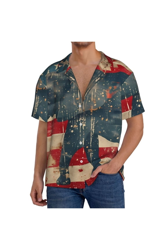 Vintage American Flag Elephant Print Mens Front Pocket Hawaiian Shirts Casual Shirts Short Sleeve Button Down Beach Tropical Shirts-Small