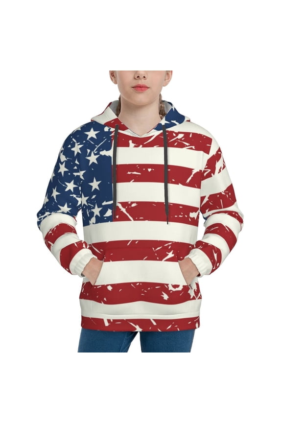 Vintage American Flag Pattern Boys Hoodie, Youth Pullover Hooded Sweatshirt, Kangaroo Pocket Hoodie for Kids-Large
