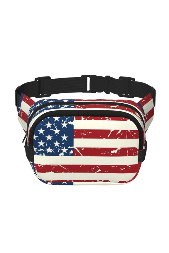 Vintage American Flag Print Fanny Pack Belt Bag for Women and Men, Square Double-Layer Waterproof Waist Pack with Adjustable Strap for Hiking, Jogging, Cycling