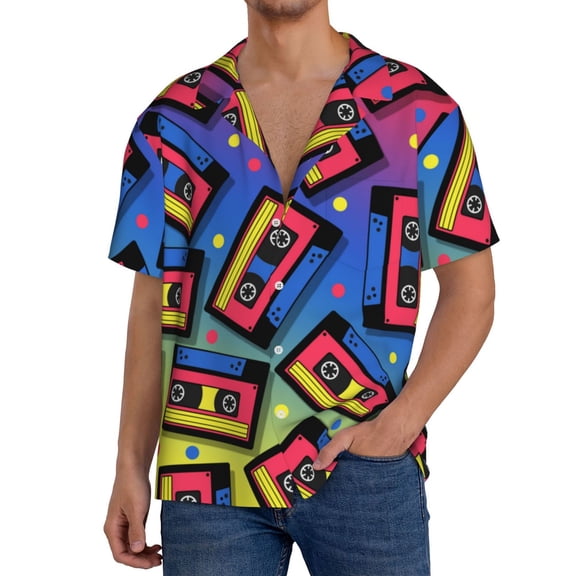 Rateoe Vintage Audio Cassettes Pattern Men's Short Sleeve Classic Shirt, Casual Short-Sleeved Shirt, Lightweight Summer Shirt, Cuban Collar Shirt,Button-Front Shirt-3X-Large