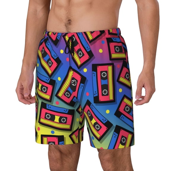 Rateoe Vintage Audio Cassettes Pattern Men’s Swim Shorts with Compression Liner – Double-Layered Quick-Dry Swimwear, Comfortable & Stretchy Beach Shorts-Small