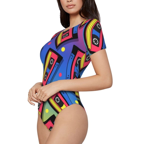 Rateoe Vintage Audio Cassettes Printed Women Rash Guard Short Sleeve,Tummy control Swimsuit Surfing Swimsuit Bathing Suit Short-sleeved Onesie UPF 50+