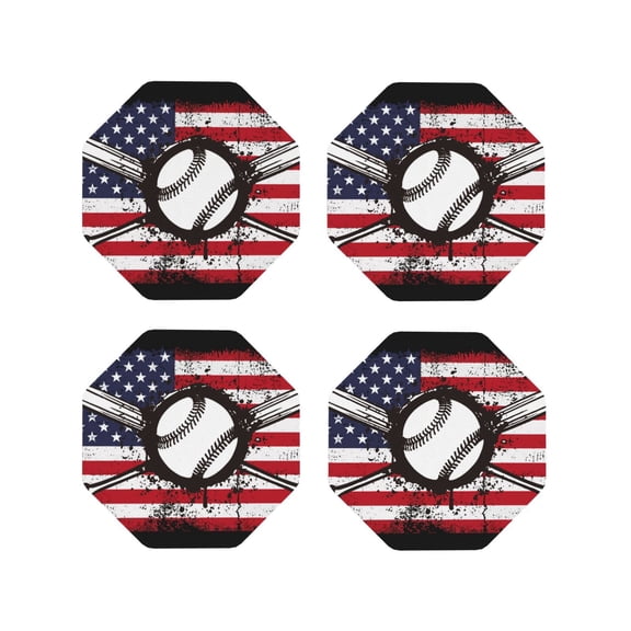 Rateoe Vintage Baseball American Flag Printed Drink Coasters Set of 4 Leather Coasters Spill Protection for Table Desk,Durable and Non Slip Leather Coaster ,4 Inches Drink Mats-Octagon