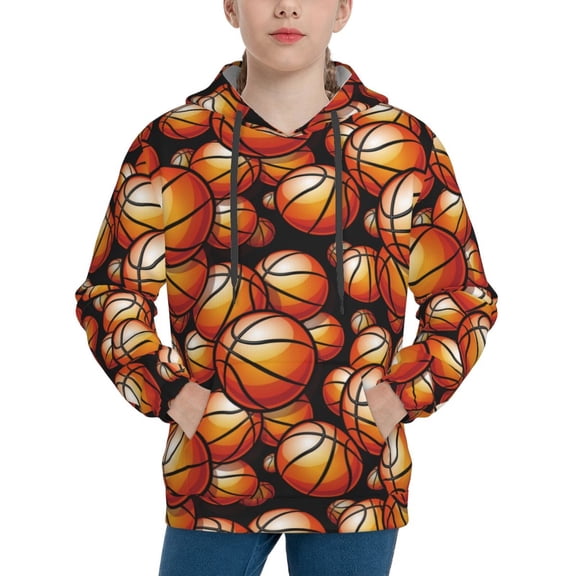 Rateoe Vintage Basketball Pattern Boys Hoodie, Youth Pullover Hooded Sweatshirt, Kangaroo Pocket Hoodie for Kids-Medium