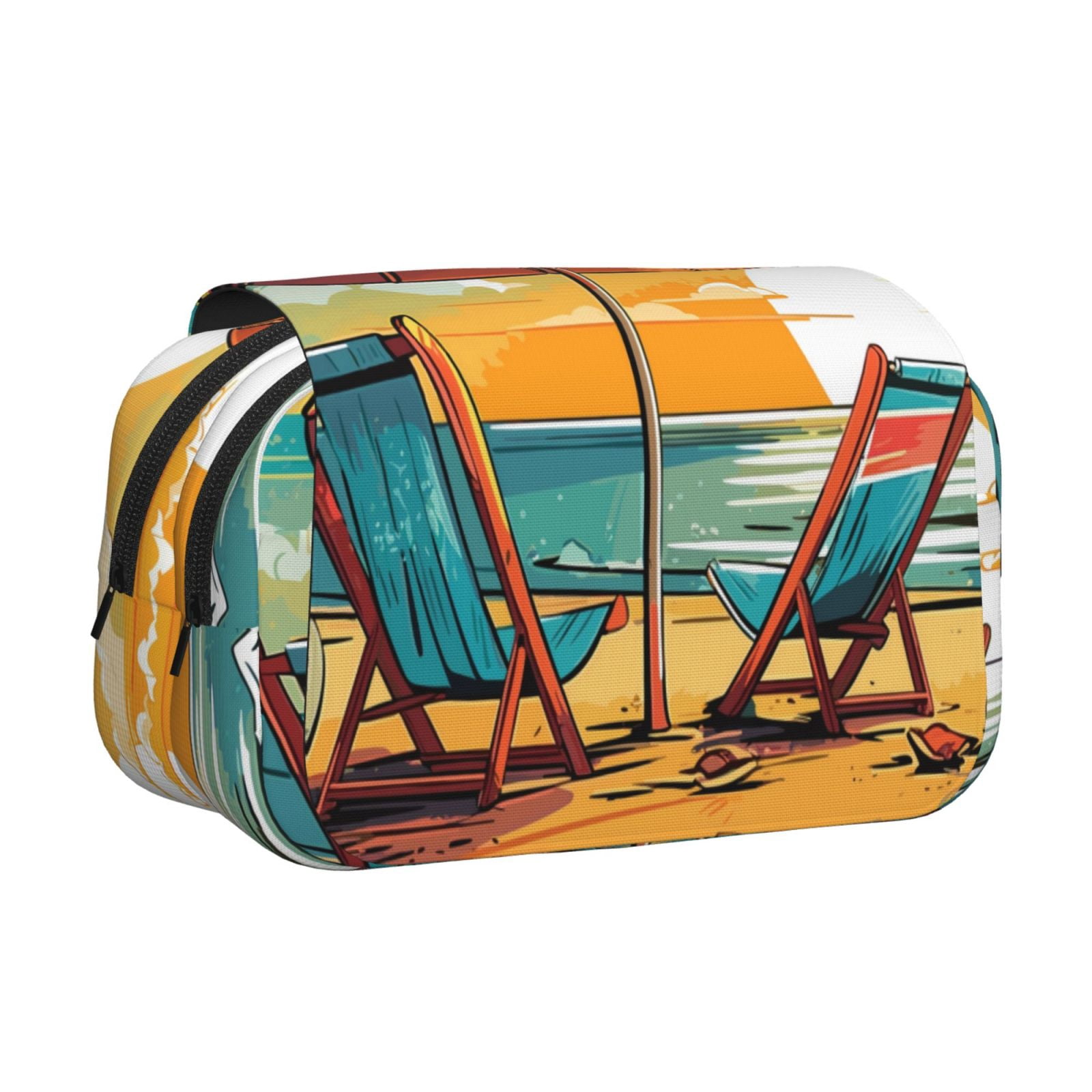 Rateoe Vintage Beach Sunset Pattern Double Clamshell Pen Case, Storage Organizer with Two Zipper Compartments– Holds Up to 50 Pencils & Pens