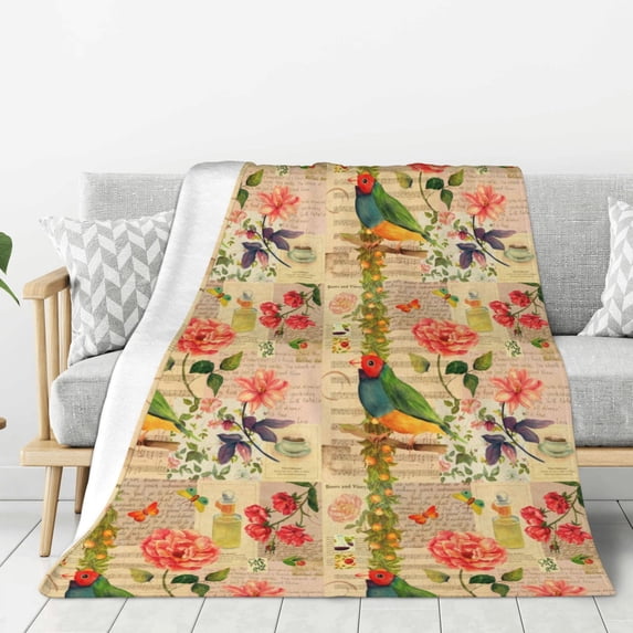 Rateoe Vintage Bird Pattern Flannel Throw Blanket, Ultra-soft Blanket for Bed, Couch, Car, Hypoallergenic Anti-pilling blanket-40"x30"(Vertical)