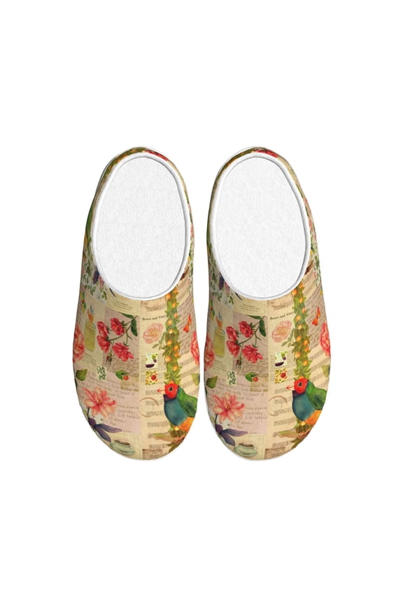 Vintage Bird Print Women's Men's Cotton Knit Slippers Lightweight Memory Foam Indoor House Shoes with Anti-Skid Sole-40/41