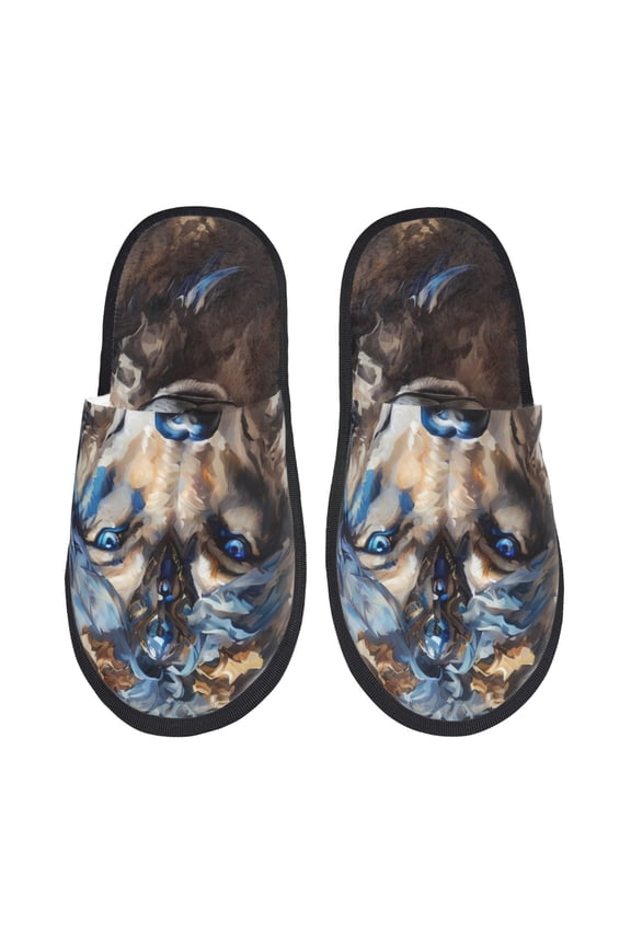 Vintage Blue Floral Wolf Pattern Fuzzy Slippers Fuzzy Soft House Slippers Plush Furry Warm Cozy Open Toe Fluffy Home Shoes-Large