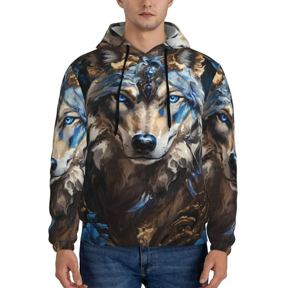 Rateoe Vintage Blue Floral Wolf Pattern Mens Hoodie, Pullover Hooded Sweatshirt, Kangaroo Pocket Hoodie Ideal for Daily Wear, Travel and Home-3X-Large