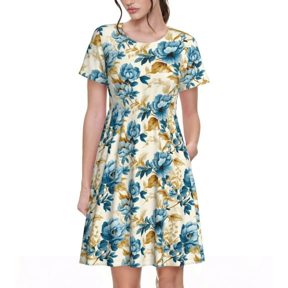 Rateoe Vintage Blue Flowers Pattern Women’s Short Sleeve Dress – Casual Elegant Summer A-Line Dress for Everyday Wear