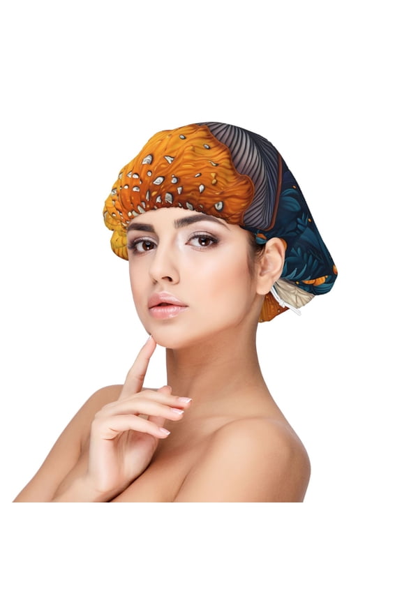 Vintage Blue Leaf Mushroom Pattern Silk Satin Hair Bonnet for Sleeping, Adjustable Sleep Cap Turban for Women , Curly Straight Hair Long Large Braid