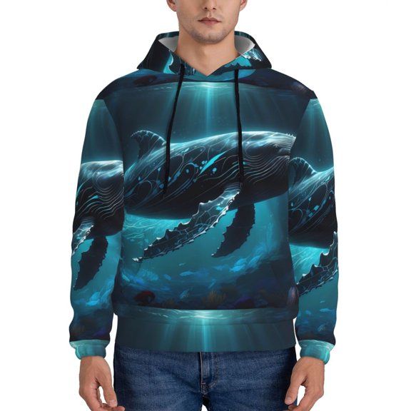 Rateoe Vintage Blue Pattern Whale Pattern Mens Hoodie, Pullover Hooded Sweatshirt, Kangaroo Pocket Hoodie Ideal for Daily Wear, Travel and Home-Medium