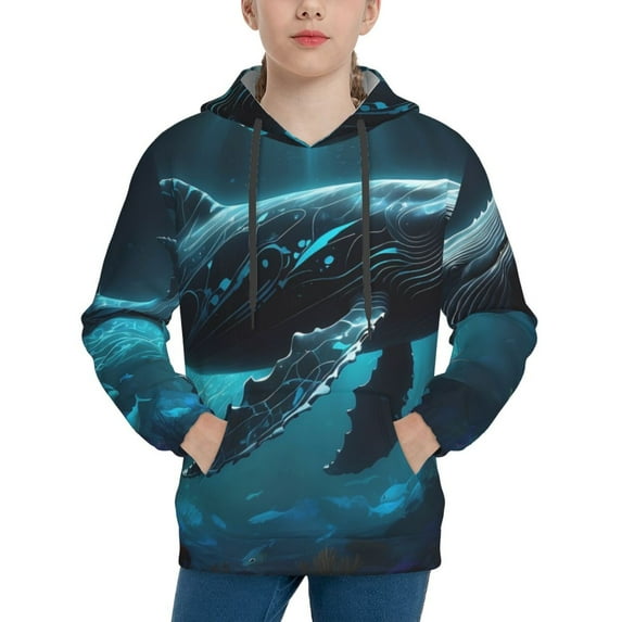 Rateoe Vintage Blue Pattern Whale Pattern Boys Hoodie, Youth Pullover Hooded Sweatshirt, Kangaroo Pocket Hoodie for Kids-X-Large