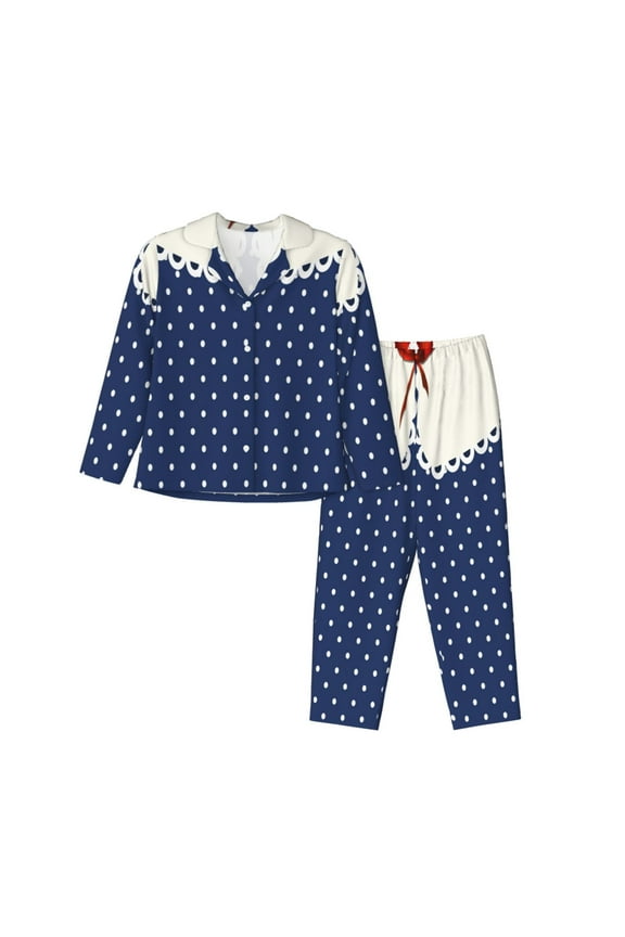 Vintage Blue Polka-dot Pattern Womens Pajamas Set Long Sleeve Sleepwear Button Down Nightwear Soft Cotton Pj Lounge Sets-X-Large