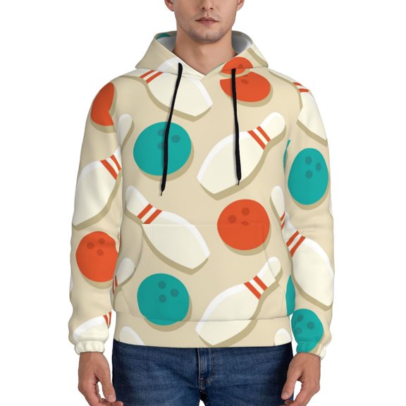 Rateoe Vintage Bowling Pattern Mens Hoodie, Pullover Hooded Sweatshirt, Kangaroo Pocket Hoodie Ideal for Daily Wear, Travel and Home-XX-Large